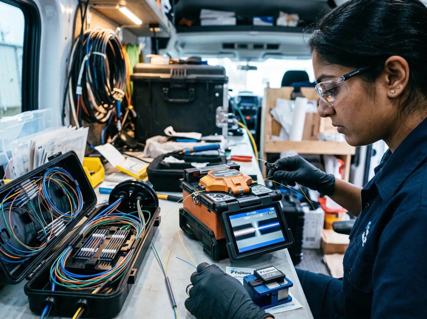 Technician splicing optical fibre