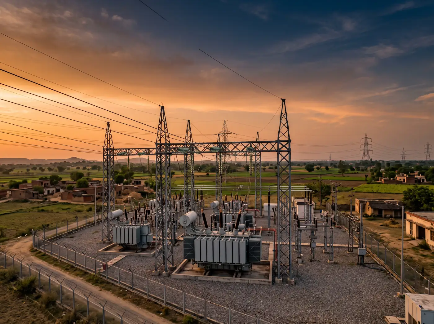 High-voltage substation at sunset