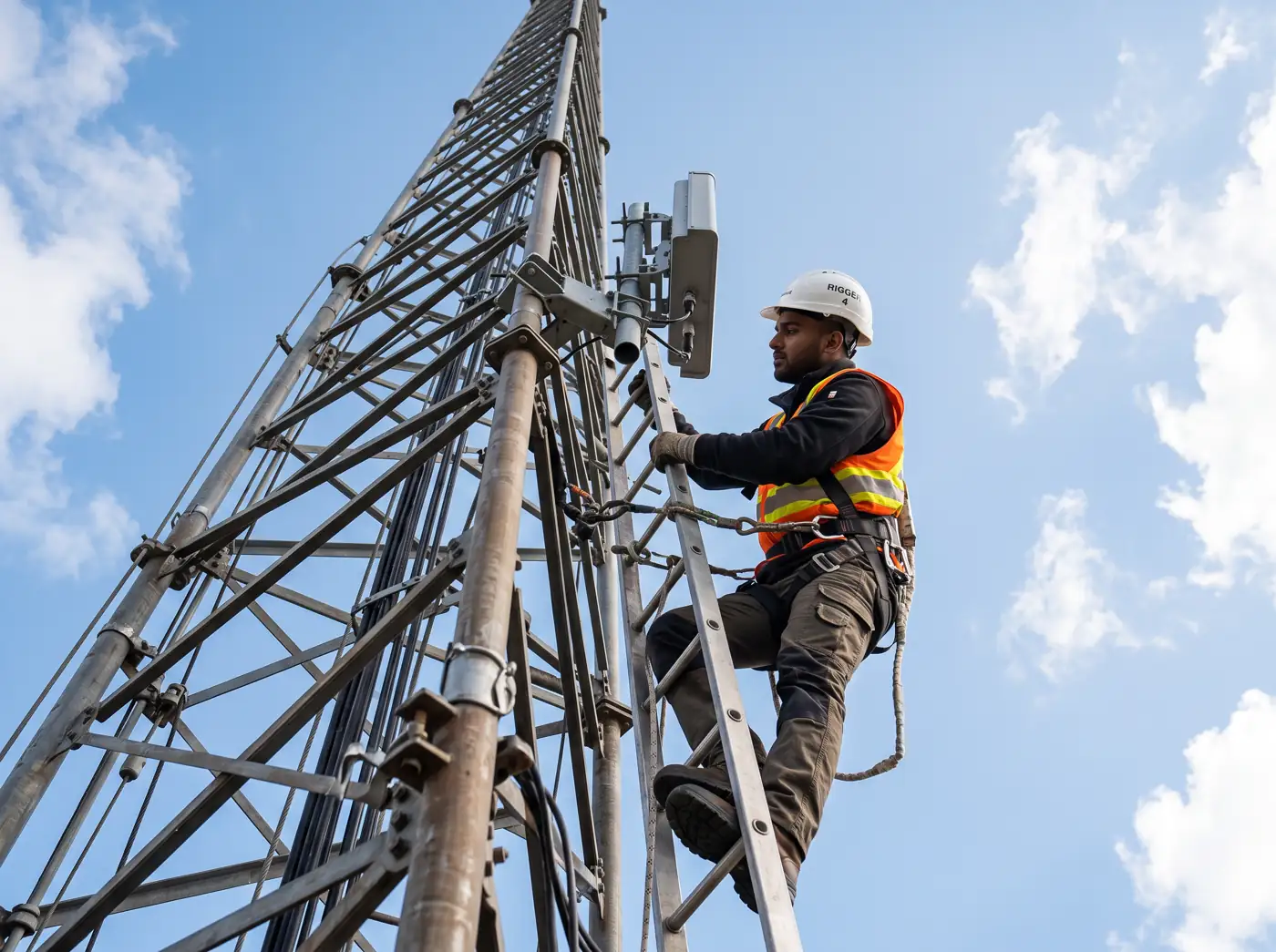 Rigger installing an antenna on a tower